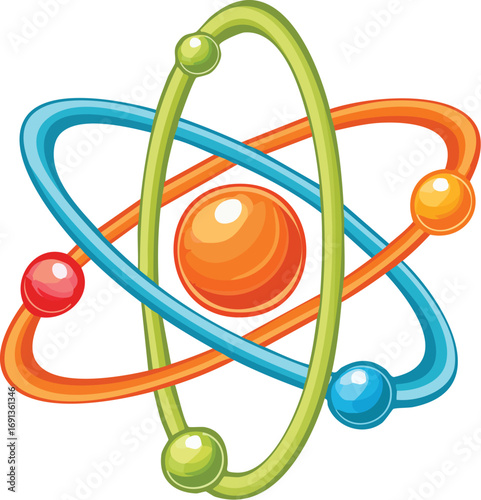 A colorful cartoon illustration of an atom with orbiting electrons. A simple vector icon for science, physics, and education concepts. Generative AI
