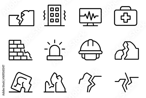 Earthquake Icon Set. Outline icon set of earthquakes: cracked ground, shaking building, seismograph, emergency