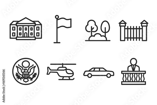 Presidential Residence Icons. Outline icon set of presidential residence: mansion, flagpole, garden, security gate, presidential