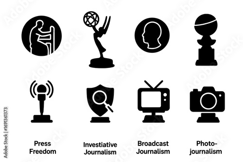 Press Awards Icons. Solid, filled icon set of press awards: Pulitzer Prize, Emmy, Peabody, Golden Globe, Press Freedom Award,