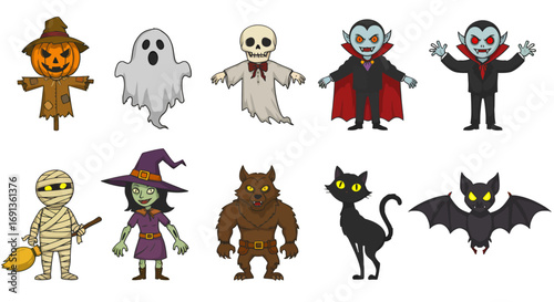 Cartoon Halloween characters: scarecrow, ghosts, vampires, mummy, witch, werewolf, black cat, bat.