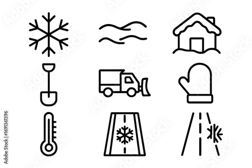 Blizzard Icons Set. Outline icon set of blizzards: snowflake, snowdrift, frozen house, shovel, snowplow,