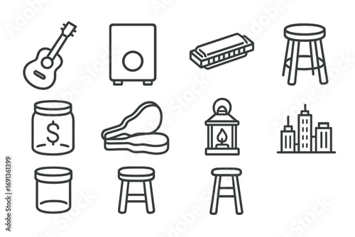 Street Show Icons. Outline icon set of live acoustic street shows: acoustic guitar, cajón drum, harmonica,