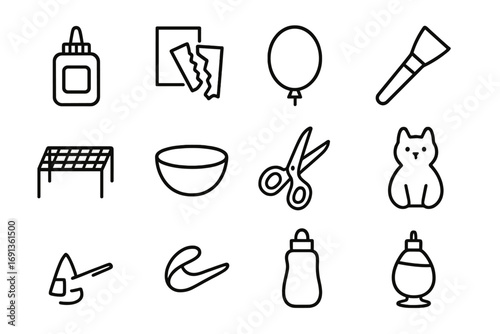 Paper Mache Icons. Outline icon set of making one-of-a-kind paper mache sculptures: glue bottle, torn