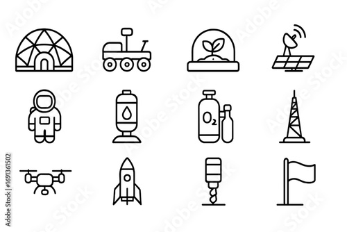 Mars Colonization Icons. Outline icon set of Mars colonization: habitat dome, rover, greenhouse, solar array,