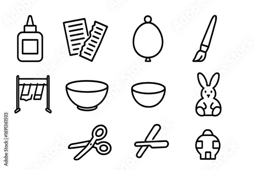 Paper Mache Icons. Outline icon set of making one-of-a-kind paper mache sculptures: glue bottle, torn