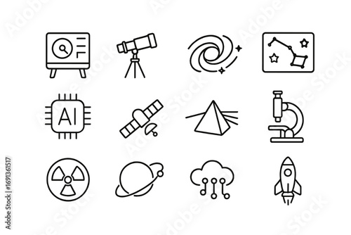 Cosmic Technology Icons. Outline icon set of cosmic research technology: spectrometer, telescope, galaxy, star