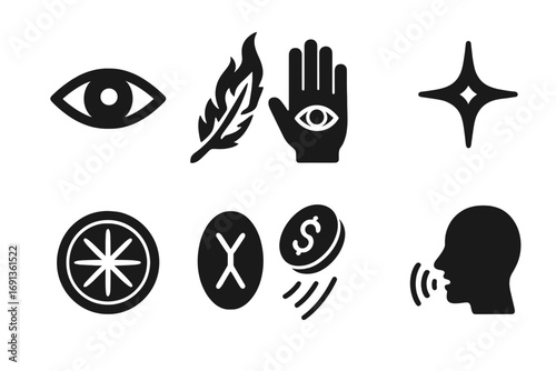 Prophetic Omens Icons. Solid, filled icon set of prophetic omens: open eye, burning feather, marked hand, glowing mark, sacred