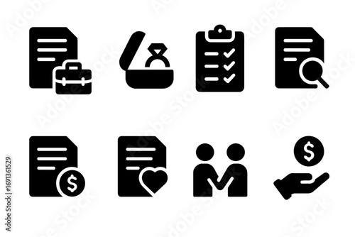 Proposal Icons Grid. Solid, filled icon set of proposal types: business, marriage, project, research, grant, sponsorship,