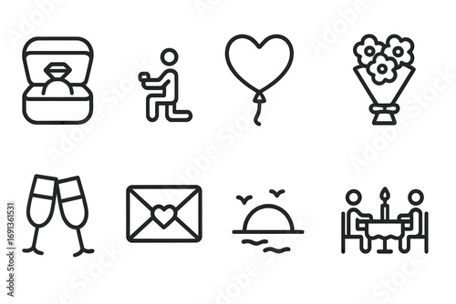 Proposal Icon Set. Outline icon set of engagement proposal: ring box, kneeling figure, heart balloon, bouquet of flowers,