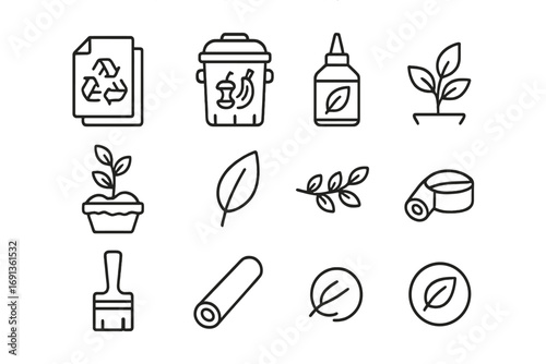 Eco-Friendly Icon Set. Outline icon set of eco-friendly paper mache: recycled paper, compost bin,