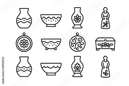 Paper Mache Icon Grid. Outline icon set of decorative paper mache art: vase, bowl, lamp base, figurine, wall