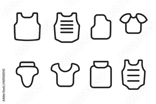 Protection Gear Icons. Outline icon set of vest protection zones: chest armor, back armor, side panels, shoulder pads, groin