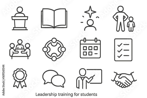 Leadership Training Icons. Outline icon set of leadership training for students: podium, book, guidance star,