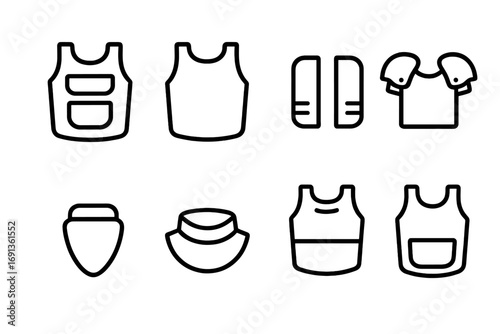 Protection Gear Icons. Outline icon set of vest protection zones: chest armor, back armor, side panels, shoulder pads, groin