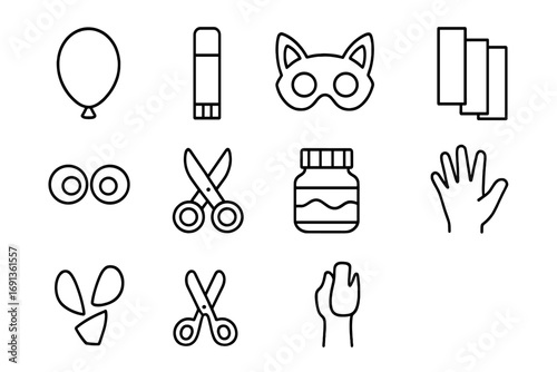 Kids Craft Icon Set. Outline icon set of paper mache crafts for kids: balloon mold, glue stick, animal mask,
