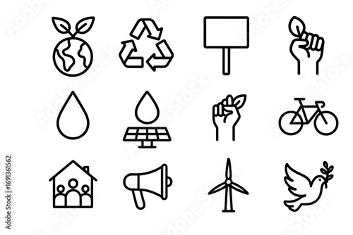 Environmental Justice Icons. Outline icon set of environmental justice: globe with leaves, recycle symbol, protest sign, water