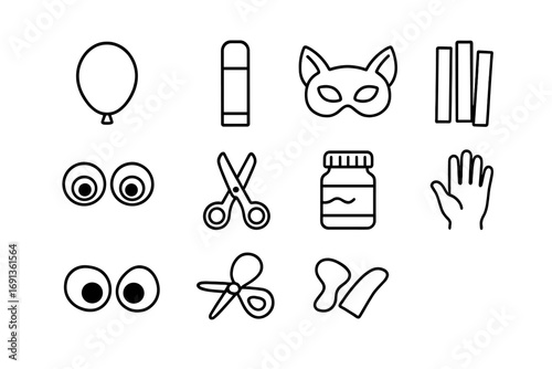 Kids Craft Icon Set. Outline icon set of paper mache crafts for kids: balloon mold, glue stick, animal mask,