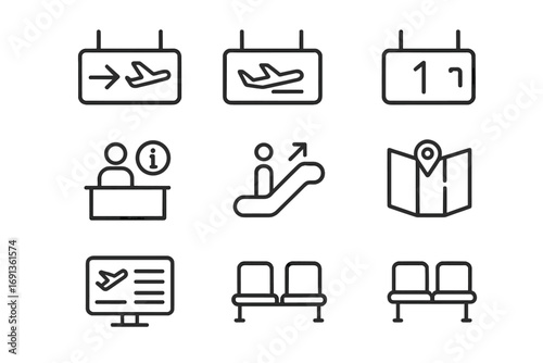 Airport Navigation Icons. Outline icon set of airport navigation: departure sign, arrival sign, gate number,