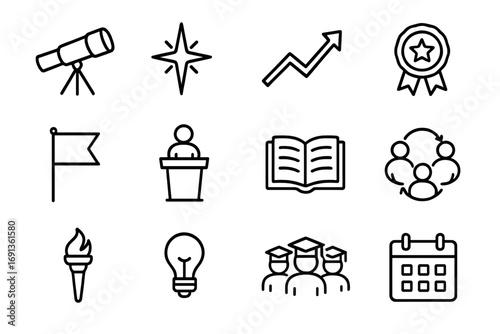 Visionary Leadership Icons. Outline icon set of visionary leadership in education: telescope, guiding star,