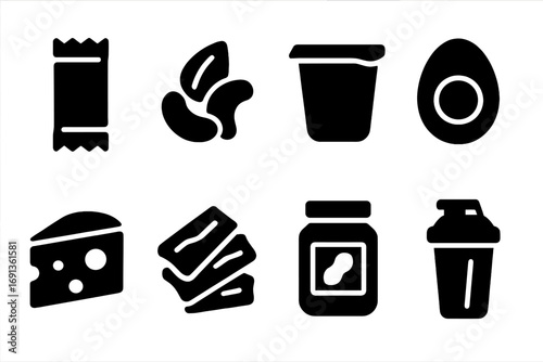 Protein Snacks Icons. Solid, filled icon set of protein-rich snacks: protein bar, nuts, yogurt cup, boiled egg, cheese slice, beef