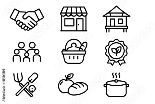 Community Tourism Icons. Outline icon set of local community tourism: handshake, local shop, traditional house