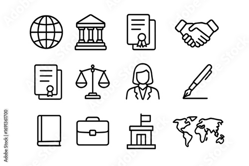 International Law Icons. Outline icon set of international law: globe, courthouse, treaty, handshake, legal