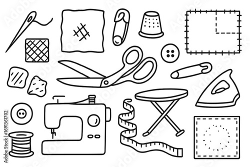 Quilt Repair Essentials. Hand-drawn doodle illustration Quilt mending and repair needle, thread, torn fabric, patch, sewing