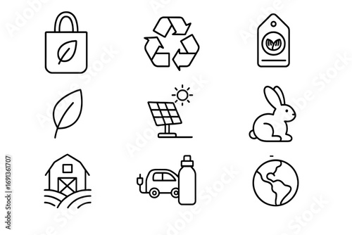 Ethical Icons Grid. Outline icon set of ethical consumerism: eco bag, recycle symbol, fair trade label, green leaf, solar panel,