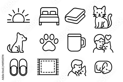 Morning Pet Icons. Outline icon set of morning with pets: sunrise, bed, blanket, cat, dog, pillow, paw print,