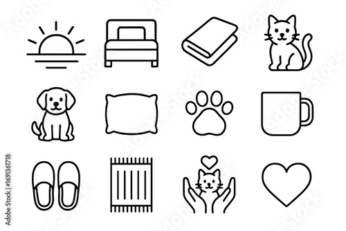 Morning Pet Icons. Outline icon set of morning with pets: sunrise, bed, blanket, cat, dog, pillow, paw print,