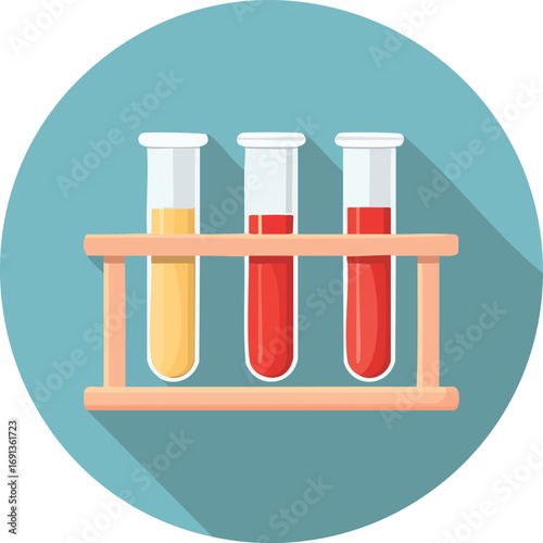 A set of colorful chemical test tubes in a rack. A flat design vector icon with a long shadow for science, laboratory, and chemistry concepts. Generative AI