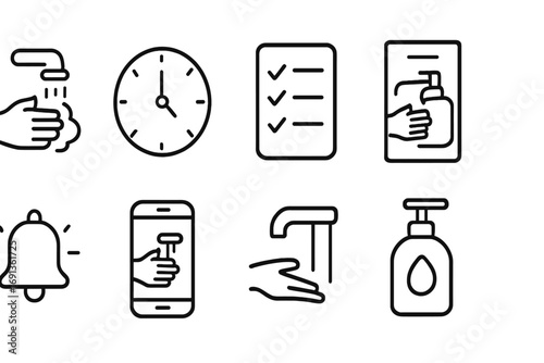 Handwashing Reminders Icons. Outline icon set of handwashing reminders: wash hands sign, clock icon, checklist
