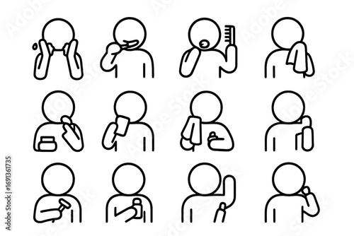Morning Routine Icons. Outline icon set of morning bathroom routine: washing face, brushing teeth, combing