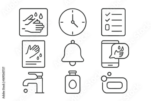 Handwashing Reminders Icons. Outline icon set of handwashing reminders: wash hands sign, clock icon, checklist