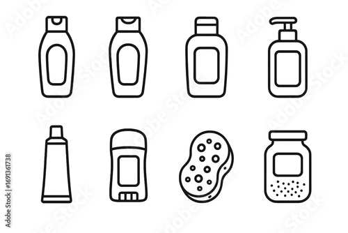 Personal Care Icons. Outline icon set of personal care products: shampoo bottle, conditioner, lotion, soap