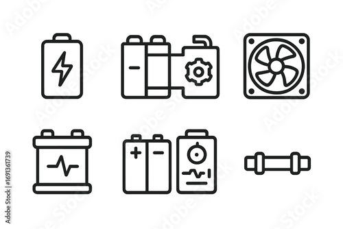 Railgun Power Icons. Outline icon set of railgun power systems: energy cell, capacitor bank, power generator, cooling fan,