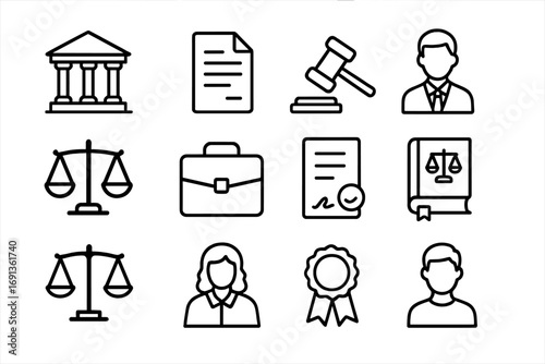 Legal Icon Set. Outline icon set of legal appeals: courthouse, document, gavel, lawyer, scales, briefcase,