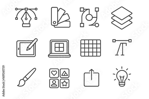 Graphic Design Tools. Outline icon set of graphic design: pen tool, color palette, vector shapes, layers,