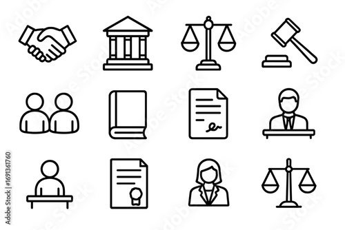 Restorative Justice Icons. Outline icon set of restorative justice: handshake, courthouse, scales, gavel,