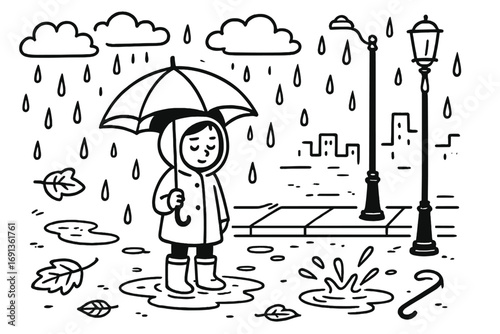 Rainy Day Doodle. Hand-drawn doodle illustration Quiet moment in the rain person with umbrella, raindrops, puddles, rain boots,