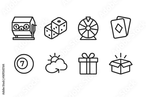 Random Event Icons. Outline icon set of random events: lottery draw, dice roll, wheel spin, card shuffle, bingo ball, weather