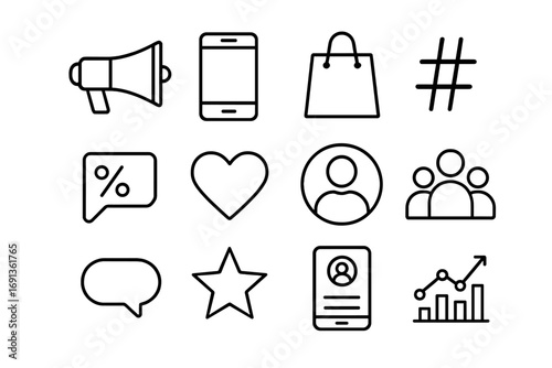 Influencer Icon Set. Outline icon set of influencer marketing: megaphone, smartphone, shopping bag, hashtag,