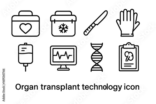 Organ Transplant Icons. Outline icon set of organ transplant technology: heart donor box, preservation cooler,