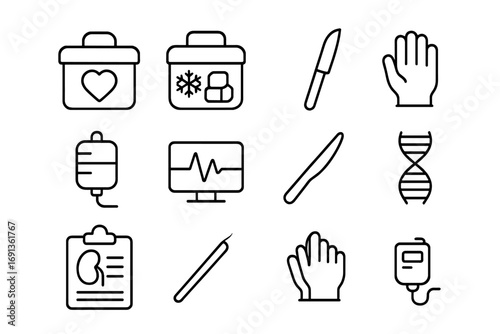 Organ Transplant Icons. Outline icon set of organ transplant technology: heart donor box, preservation cooler,