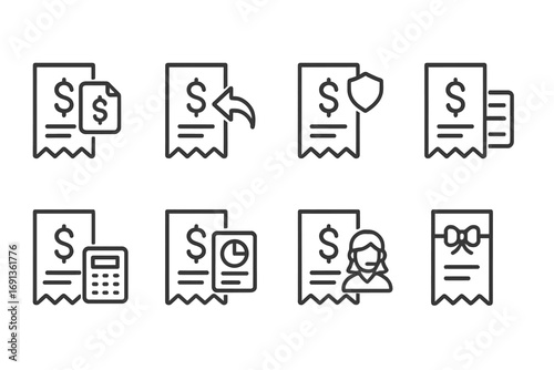 Receipt Icon Set. Outline icon set of receipt usage: expense claim, return process, warranty proof, purchase record, budgeting,