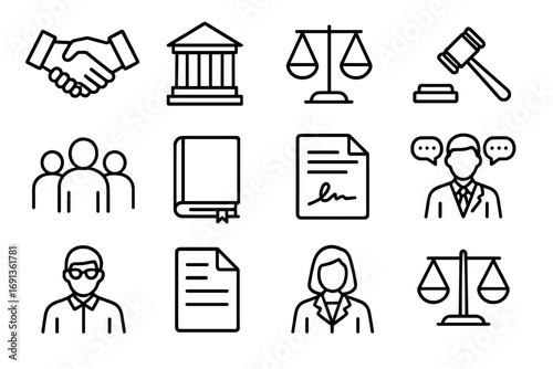Restorative Justice Icons. Outline icon set of restorative justice: handshake, courthouse, scales, gavel,