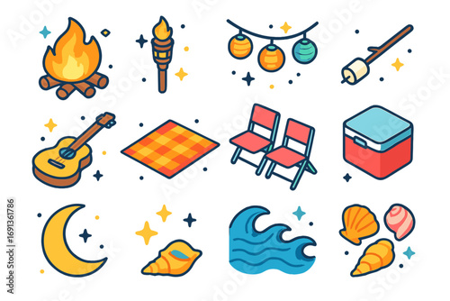 Evening Beach Picnic Icons. Colorful isometric vector icons set of evening beach picnic vibes: bonfire, tiki torch, lantern string