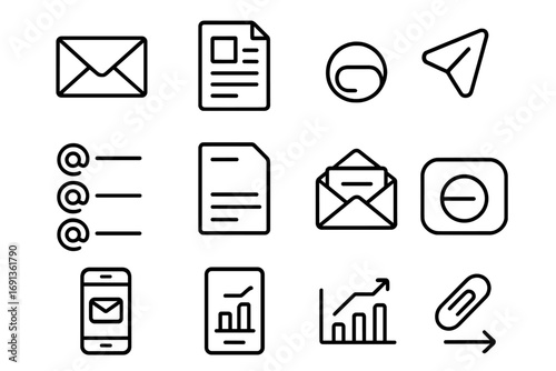 Newsletter Icon Set. Outline icon set of newsletter creation: envelope, draft document, keyboard, send button,