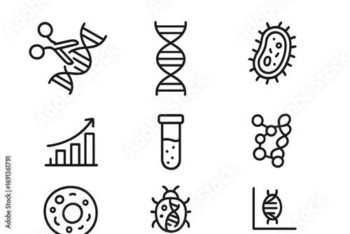 Synthetic Biology Icons. Outline icon set of synthetic biology: gene editing scissors, DNA strand, bacteria